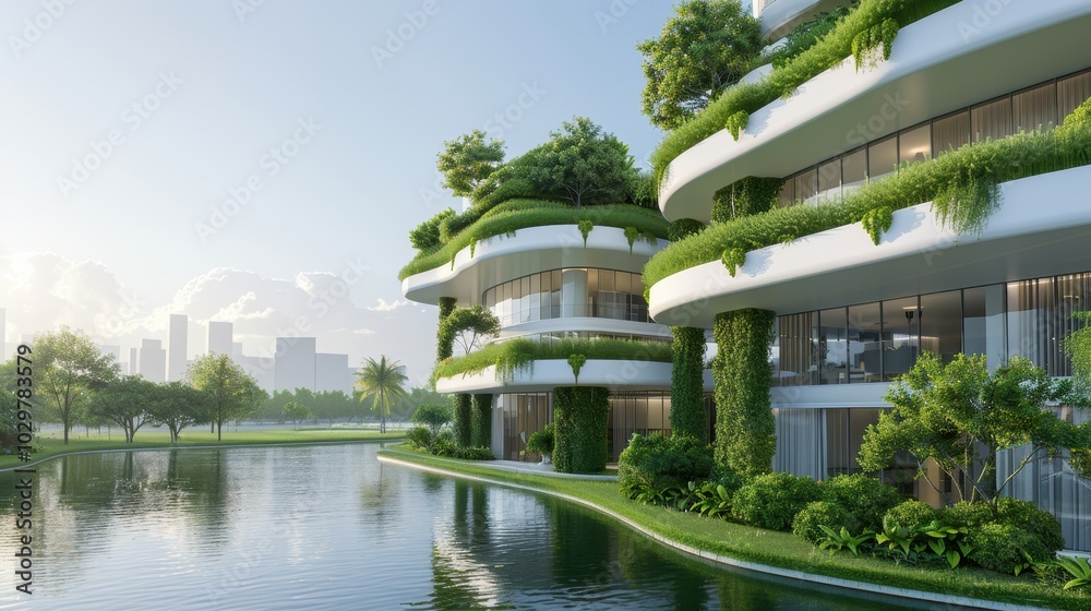A building with a green roof and a large body of water in front of it ...