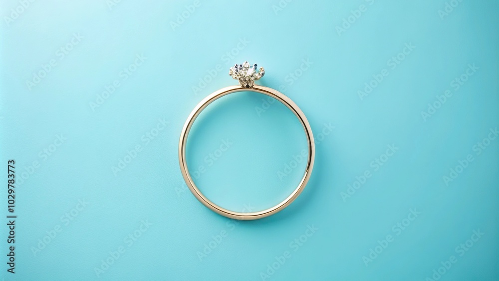 Ring on pastel blue background with round cyan frame, captured from a high angle Ring on pastel blue background with round cyan frame, captured from a high angle