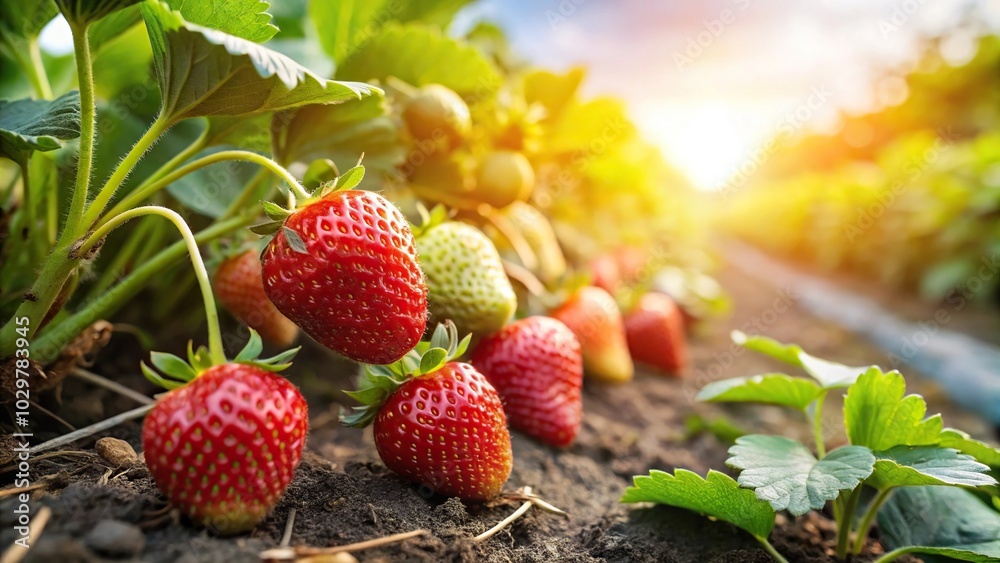 Ripe and juicy strawberries growing in a field under the warm sunlight High Angle Ripe and juicy strawberries growing in a field under the warm sunlight High Angle