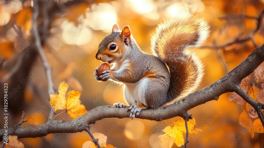 Obraz premium A cute squirrel sits on a branch in the autumn forest, holding a nut in its paws.