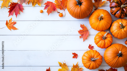 Festive autumn composition from pumpkins andcolorful leaves on a white wooden background. Thanksgiving day. photo