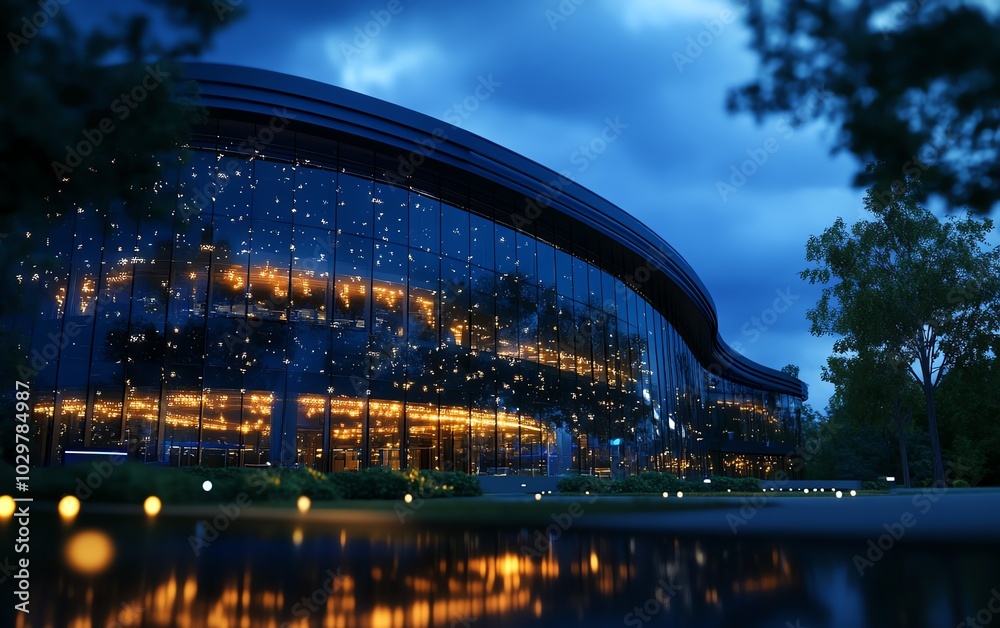 Obraz premium A futuristic research center with glassandsteel architecture, smart systems for climate control, and holographic screens on the exterior