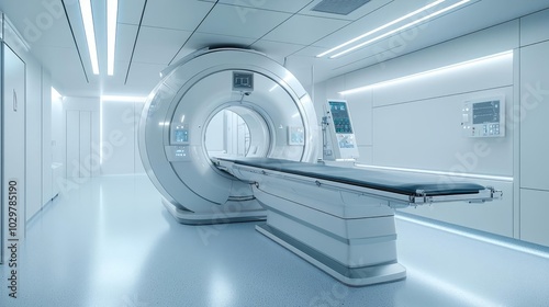 Modern MRI machine in a clean, futuristic medical room.