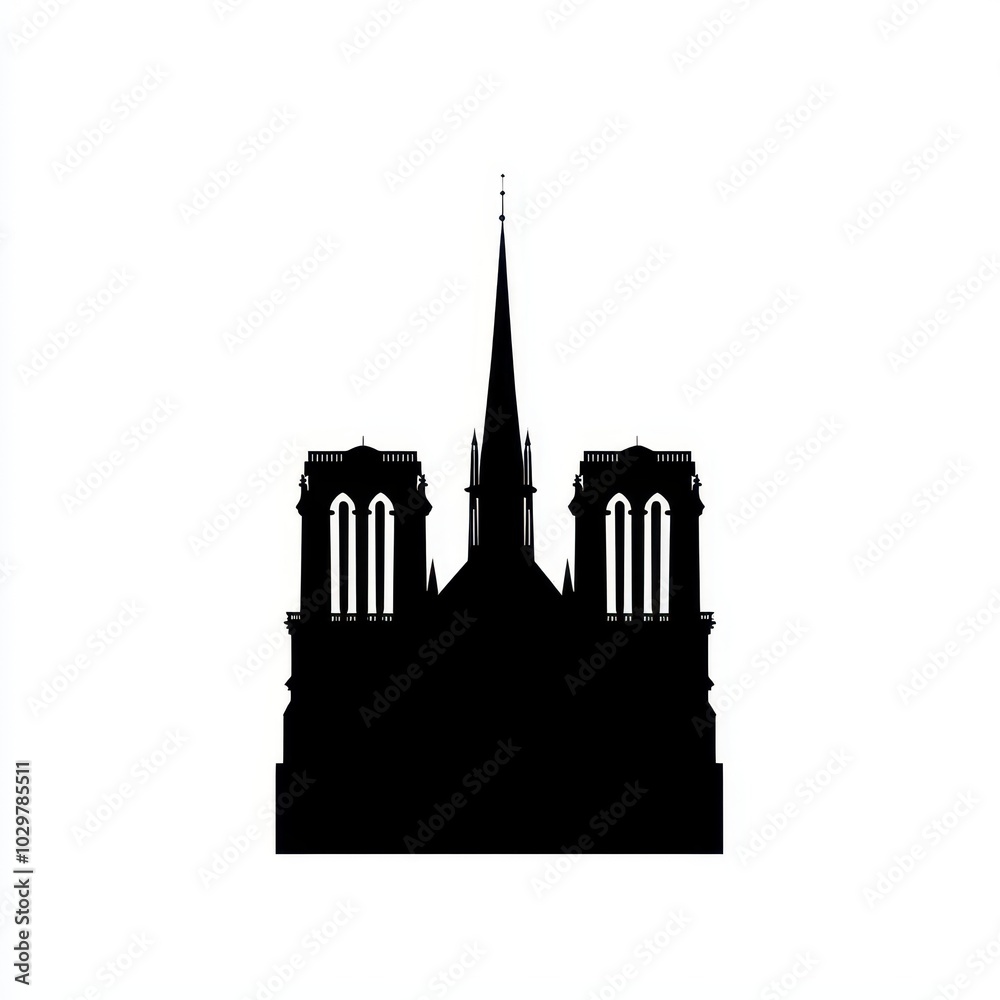 Fototapeta premium Silhouette of Notre Dame Cathedral on White Background