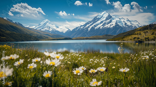 A breathtaking view of snow-capped mountains under a clear blue sky, with lush green valleys below. v3