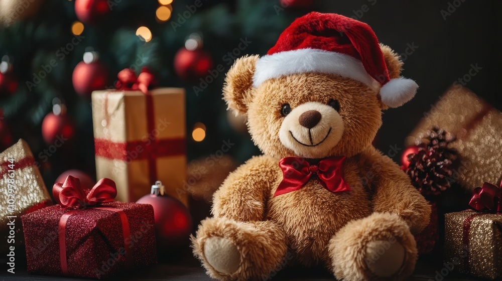 Cute teddy bear with christmas hat sitting near christmas gifts with copy space for text Cute teddy bear with christmas hat sitting near christmas gifts with copy space for text