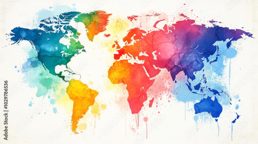 Fototapeta premium Rainbow water color splatter art style World map