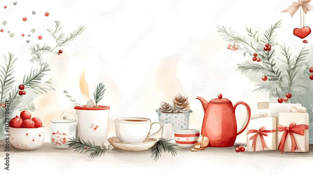Fototapeta premium Cozy christmas tea party by the fireplace with festive decor and warm drinks for a delightful holiday gathering