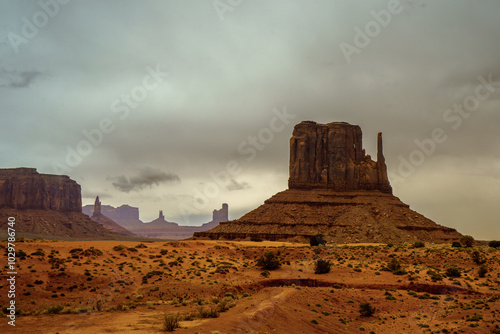 Monument Valley with sandstone buttes seen on Navajo land in Arizona