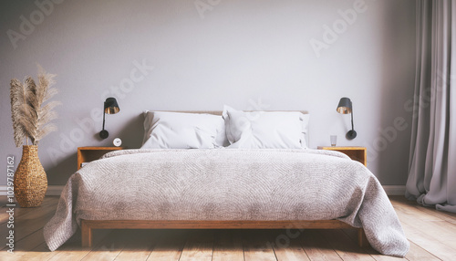 Fototapeta Naklejka Na Ścianę i Meble -  3d rendering of a Scandinavian bedroom with a bed - mock-up - placeholder.