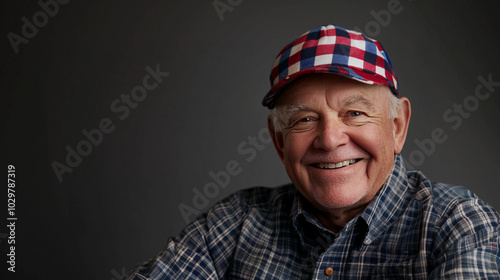 An older elderly man with patriotic red, white, and blue ball cap smiles at the camera studio shot