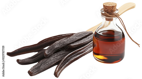 Pure Organic Vanilla Extract Glass Bottle Isolated on Transparent Background for Food and Skincare photo