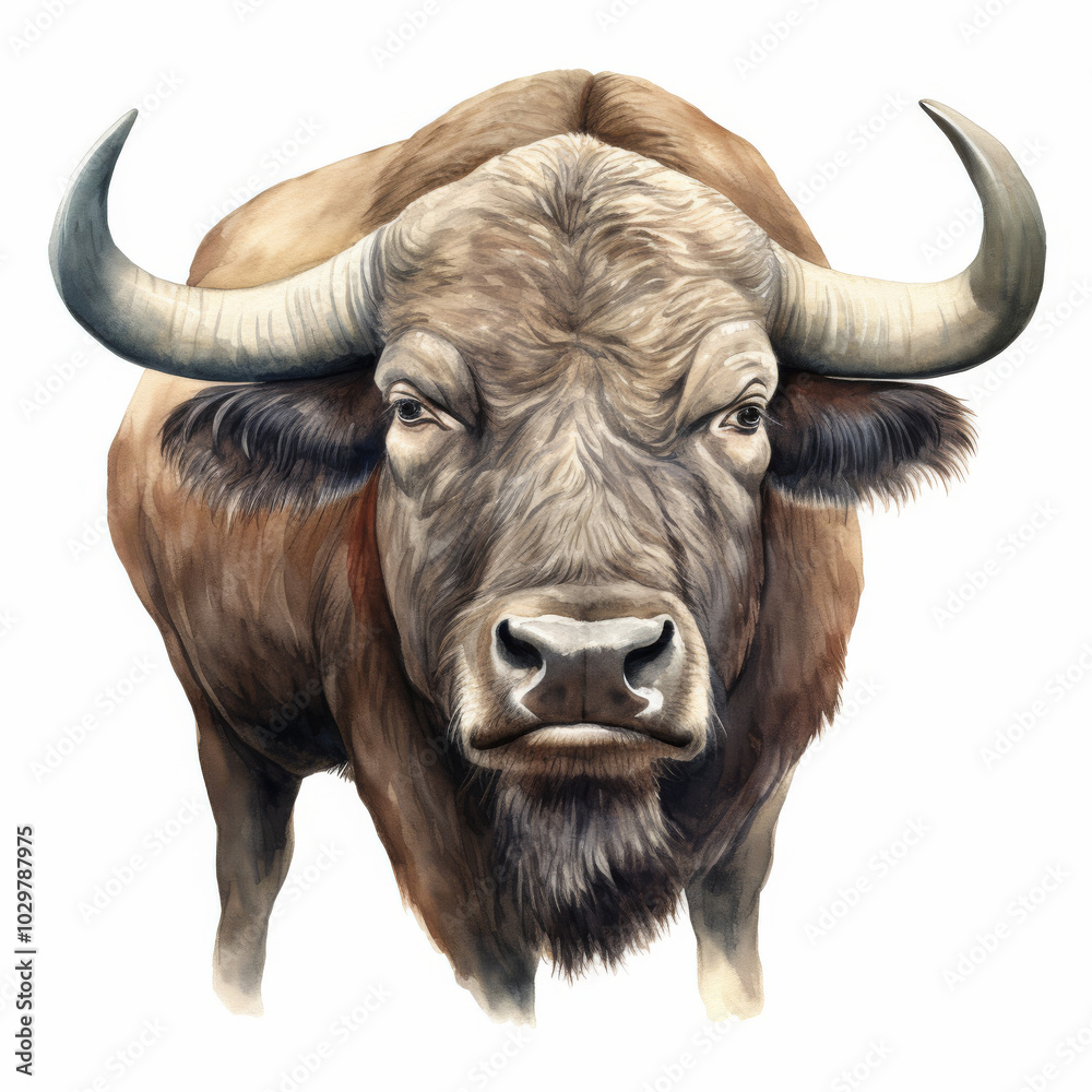 Realistic Illustration of a Buffalo's Face with Detailed Fur and Majestic Horns Realistic Illustration of a Buffalo's Face with Detailed Fur and Majestic Horns