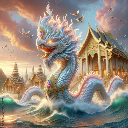 Majestic Naga and Golden Temple: A Hyper-Realistic Depiction of a Mythical Serpent Rising from Ocean Waves, Set Against a Stunning Backdrop of an Intricate Southeast Asian Temple, Embodying Power