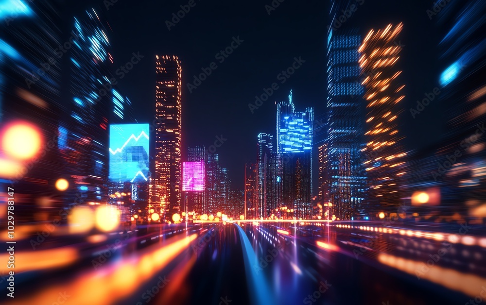 Obraz premium A smart corporate city with innovative skyscrapers, holographic billboards, and AIcontrolled transportation, epitomizing the digital age