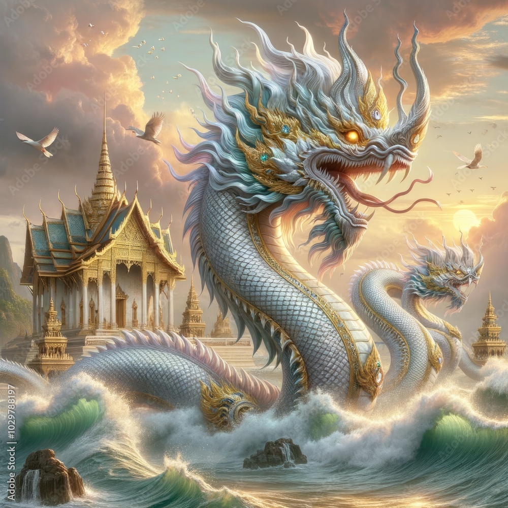 Fototapeta premium Majestic Naga and Golden Temple: A Hyper-Realistic Depiction of a Mythical Serpent Rising from Ocean Waves, Set Against a Stunning Backdrop of an Intricate Southeast Asian Temple, Embodying Power