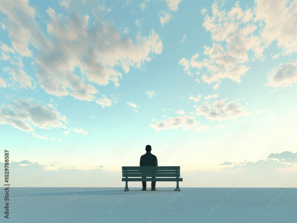 A solitary figure sits on a bench gazing at a tranquil sky filled with soft clouds, evoking a sense of peace and contemplation. A solitary figure sits on a bench gazing at a tranquil sky filled with soft clouds, evoking a sense of peace and contemplation.