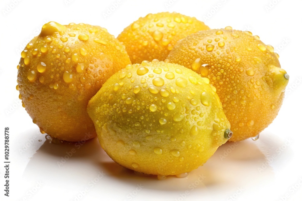 Ripe yellow lemons with dew drops isolated on white background with shadow Ripe yellow lemons with dew drops isolated on white background with shadow