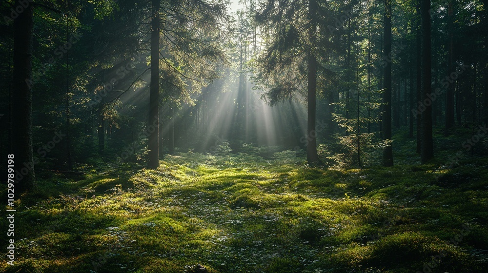 Obraz premium Serene Forest with Sunlight Filtering Through Trees