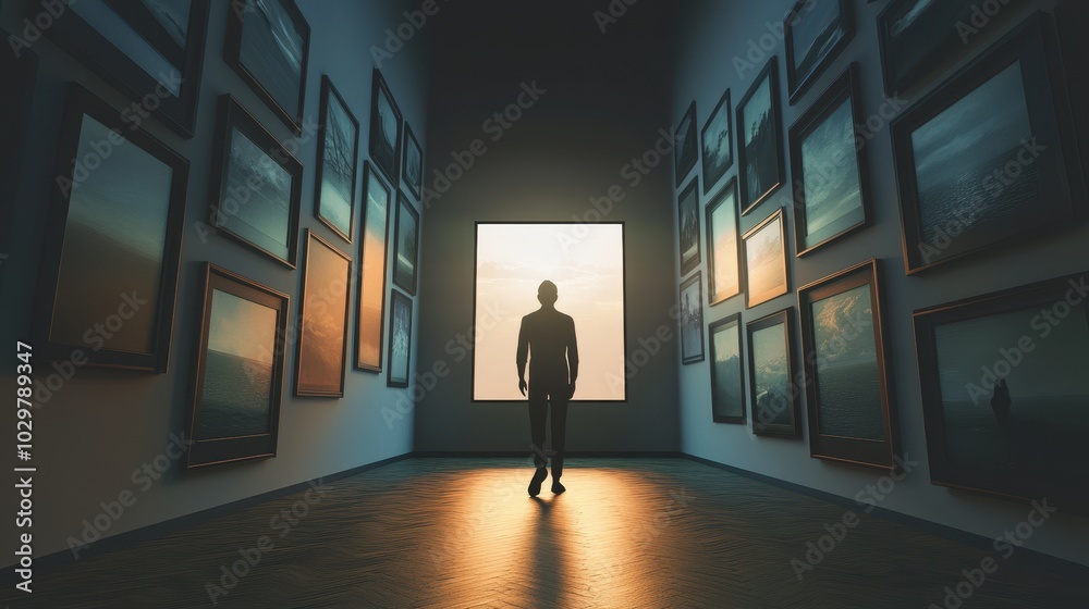 Obraz premium A figure stands in a gallery, illuminated by light from a window, surrounded by framed artwork on the walls.