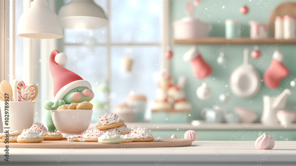 Whimsical gnomes baking delicious christmas cookies in a charming pastel kitchen scene full of holiday cheer Whimsical gnomes baking delicious christmas cookies in a charming pastel kitchen scene full of holiday cheer
