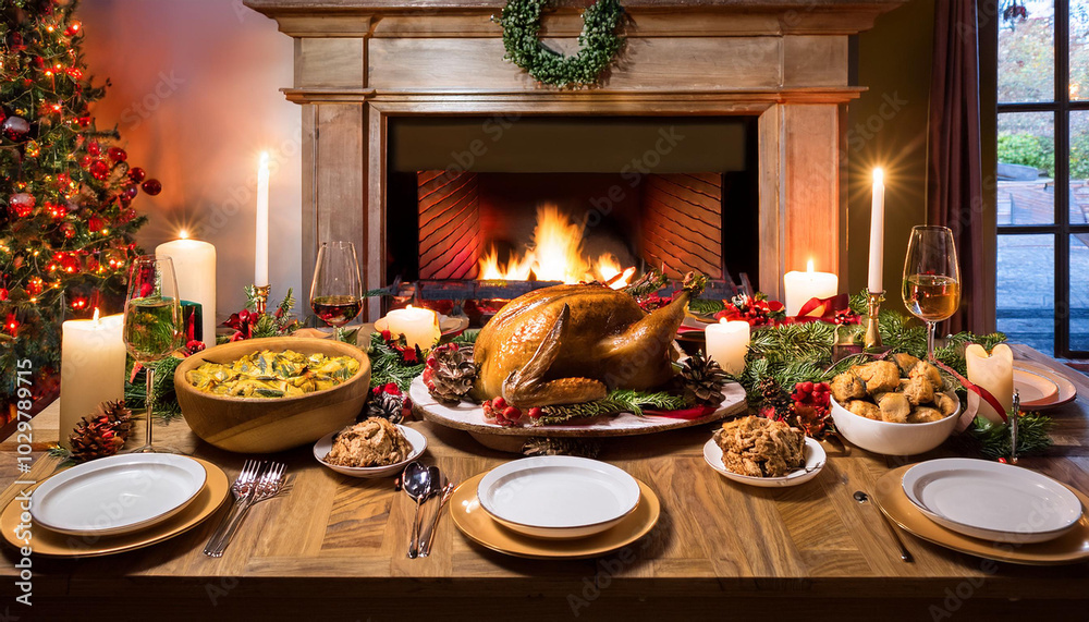 Festive Christmas Dinner by the Fireplace Festive Christmas Dinner by the Fireplace