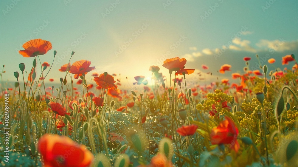 Obraz premium Floral Paradise: A Meadow Brimming with Bright Poppy Flowers