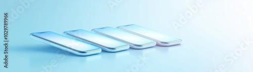 Four cell phones are lined up on a blue background. The phones are all silver and appear to be new. Concept of modernity and technological advancement