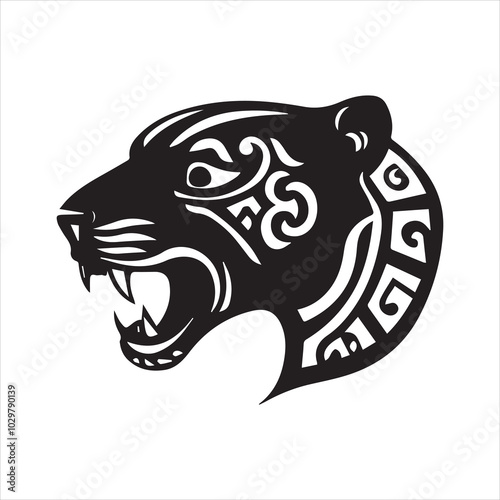 simple logo of the the lateral view of a maya draw jaguar head on a minimalist mayan aesthetic, on a white background