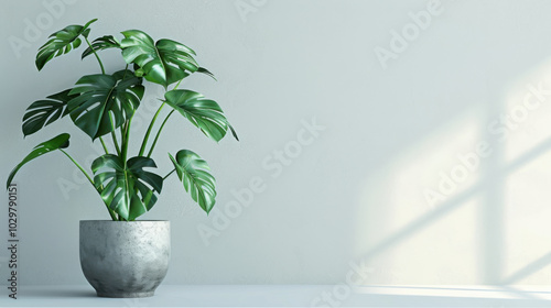 eautiful monstera flower in a white pot stands on a wooden table on a white background