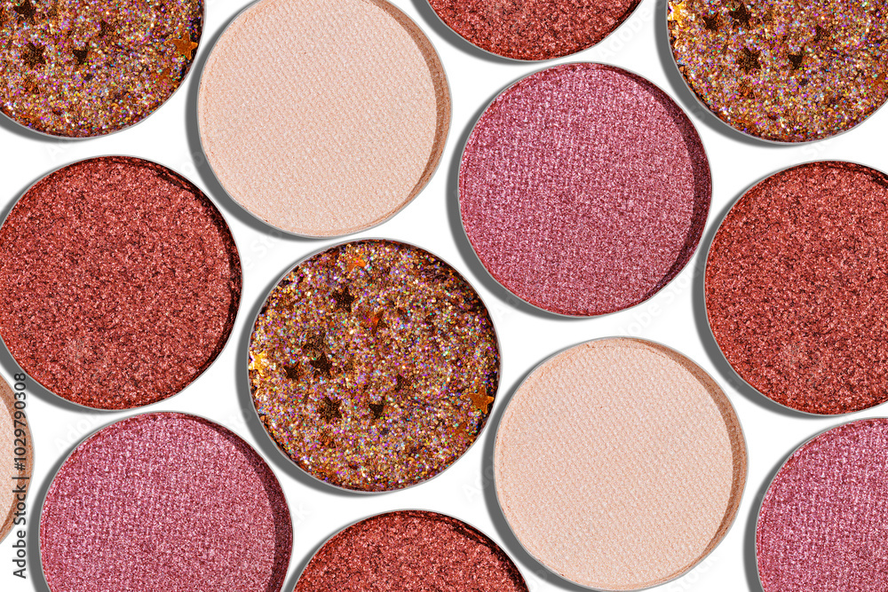 Cosmetics texture pattern, Red, purple, brown eye shadow makeup palette, round eye powder swatches. Female cosmetic and beauty products, aesthetic minimal beauty photo, glitter eyeshade, top view Cosmetics texture pattern, Red, purple, brown eye shadow makeup palette, round eye powder swatches. Female cosmetic and beauty products, aesthetic minimal beauty photo, glitter eyeshade, top view