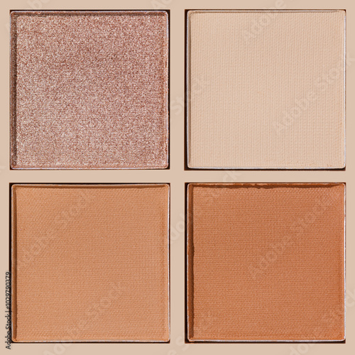 Neutral Eyeshadow Palette with Matte and Shimmer texture, natural colored shades on beige. Set of eyeshadow refills, Top view of four Swatches Eyeshadow makeup for cosmetic, makeup, beauty concept photo