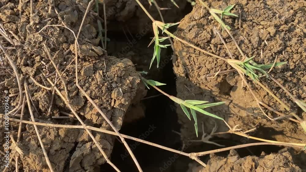 Close-up of parched, cracked earth with sparse grass growing, illustrating drought and arid conditions, ideal for environmental and climate-related content.