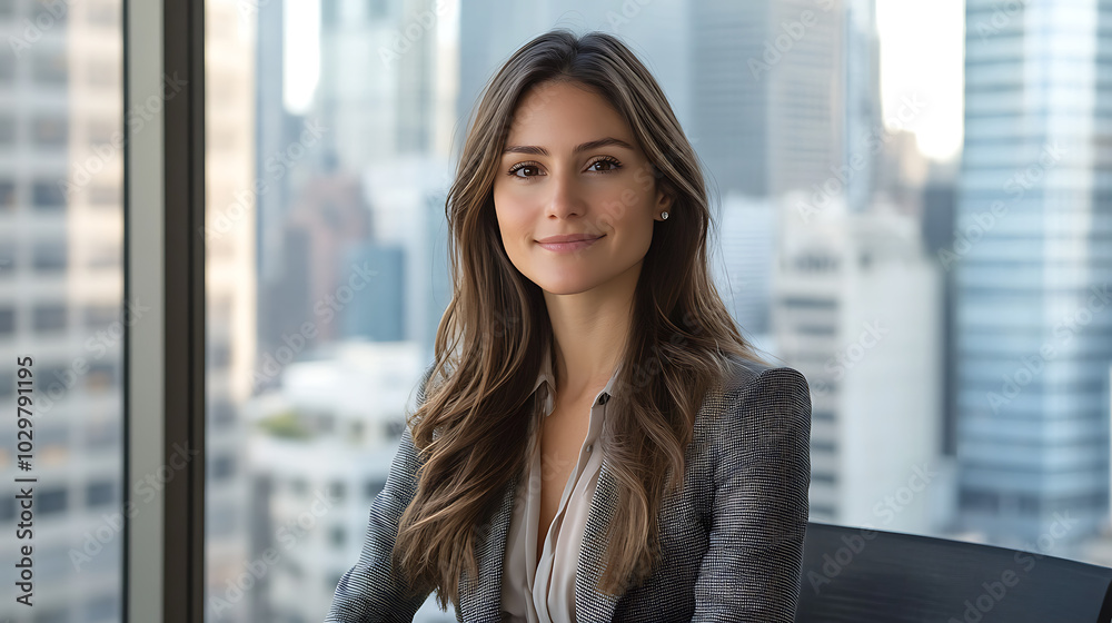 A woman in a business suit is smiling at the camera A woman in a business suit is smiling at the camera