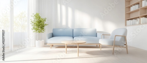 A living room with a blue couch and a white chair. The room is bright and airy, with a potted plant in the corner. The furniture is simple and minimalistic, giving the room a clean