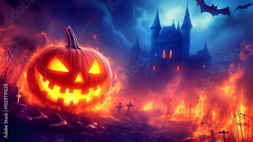 Halloween night scene background with castle with halloween pumpkin within flames in the graveyard and bats in the night