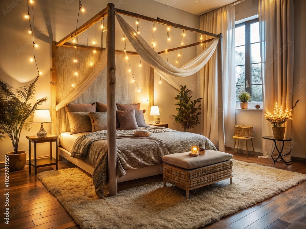 Fototapeta premium Cozy Bedroom Canopy Bed with Ambient Lighting and Plush Rug for Relaxing Atmosphere