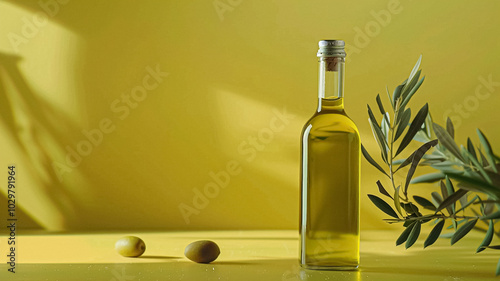 Olive oil bottle ad background with copyspace, vegetable oil commercial produce, food industry and retail concept photo