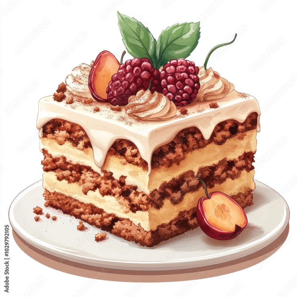 Delicious Cake with Whipped Cream and Berries Illustration Delicious Cake with Whipped Cream and Berries Illustration