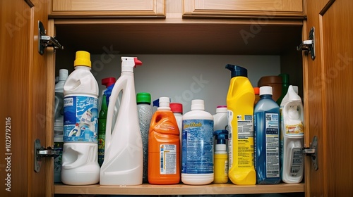 A kitchen cabinet with common household hazardous materials, like bleach and pesticides. photo