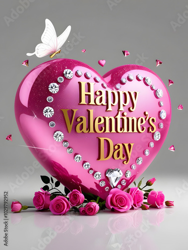 A 3D render of a huge, shiny, pink heart with the inscription 