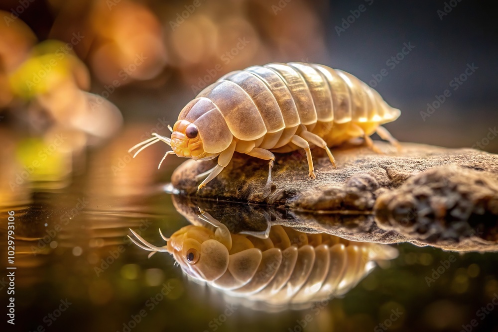 Rock-dwelling blonde ducky isopod crawling on surface Rock-dwelling blonde ducky isopod crawling on surface