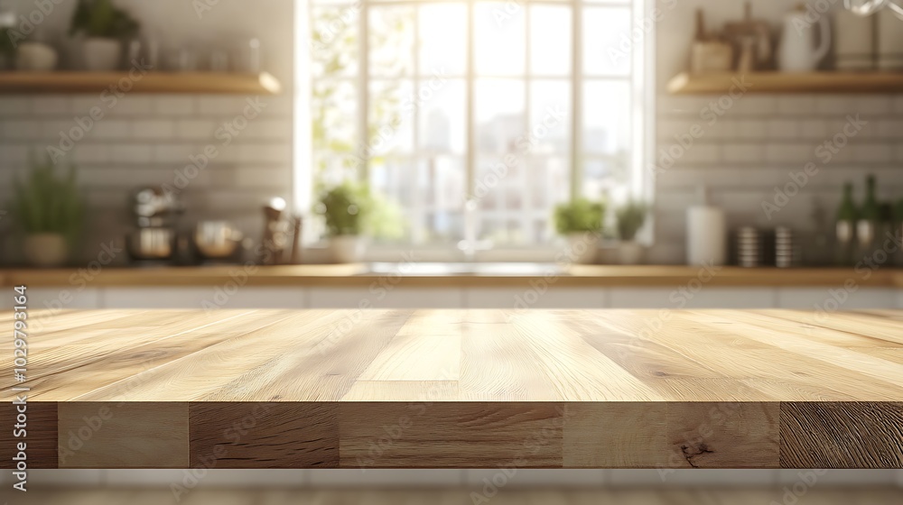 Vacant white wooden table in modern kitchen interior Vacant white wooden table in modern kitchen interior