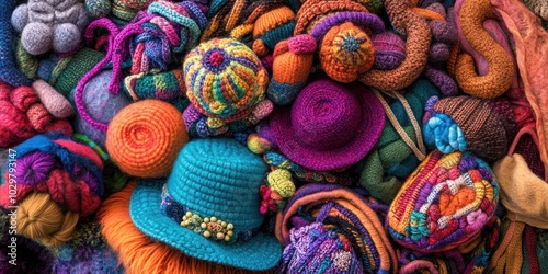Colorful knitted hats, yarn and fabric.