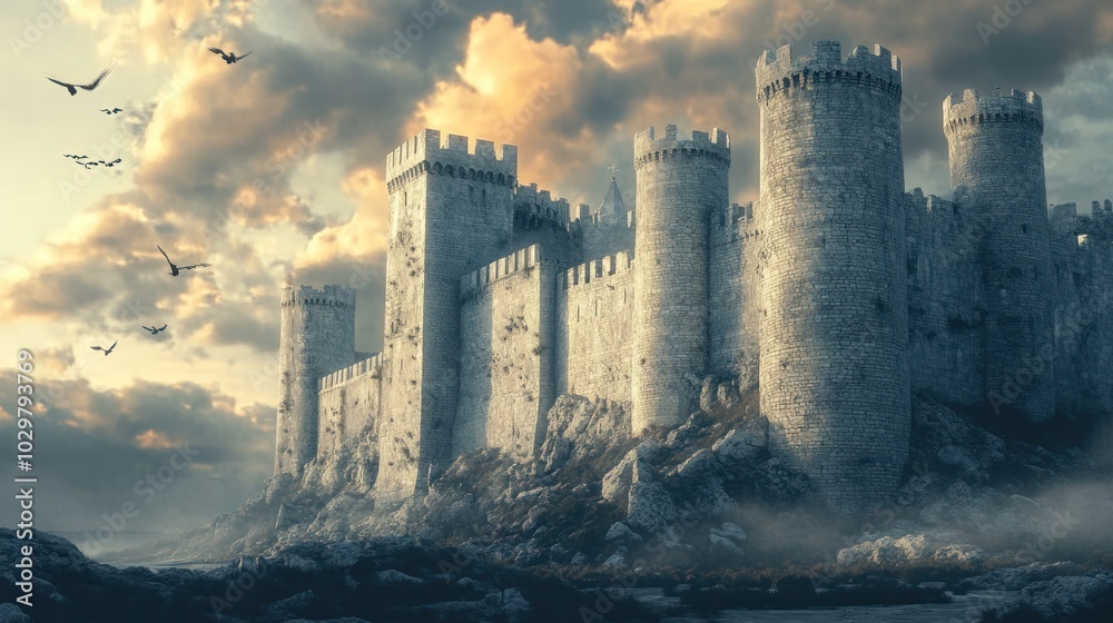 A majestic stone castle with a dramatic sky, with birds in flight. A majestic stone castle with a dramatic sky, with birds in flight.