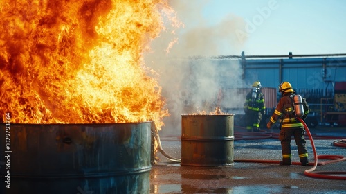 A firefighter team controlling a chemical fire, with visible hazardous material containers.