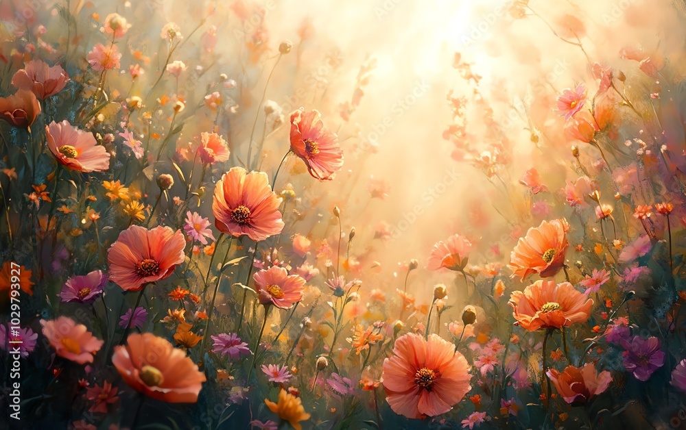 Dreamy spring meadow bursting with colors, wildflowers illuminated by soft sunlight filtering through petals, creating an impressionistic scene of beauty and renewal Dreamy spring meadow bursting with colors, wildflowers illuminated by soft sunlight filtering through petals, creating an impressionistic scene of beauty and renewal