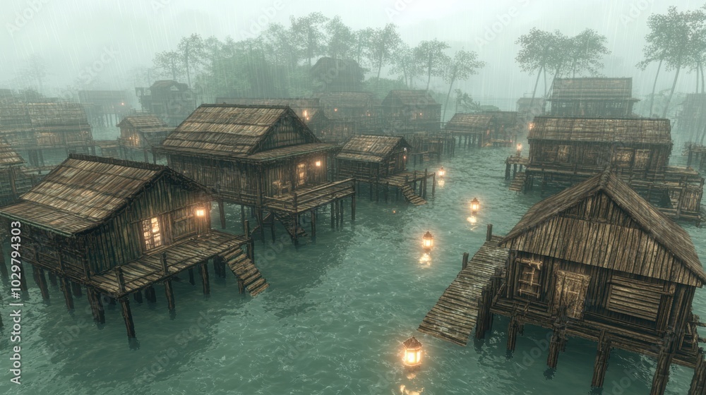 Fototapeta premium Serene Water Village at Dusk with Wooden Houses