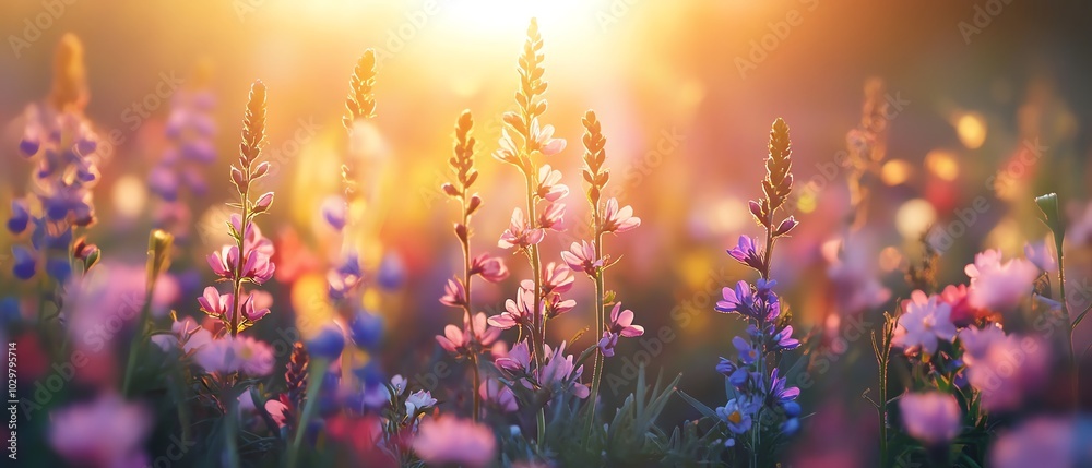 Colorful wildflower meadow in spring, with soft sunlight filtering through delicate petals, creating a breathtaking impressionistic scene of natures renewal Colorful wildflower meadow in spring, with soft sunlight filtering through delicate petals, creating a breathtaking impressionistic scene of natures renewal