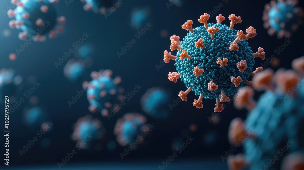 Microscopic view of the virus with surface spikes, isolated on a dark background. Microscopic view of the virus with surface spikes, isolated on a dark background.